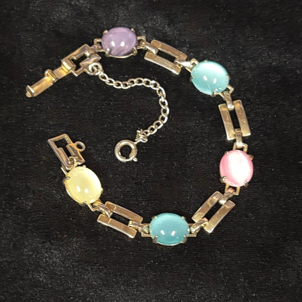 Pastel Multi Stone Gold Link Bracelet Safety Chain 7” Vintage